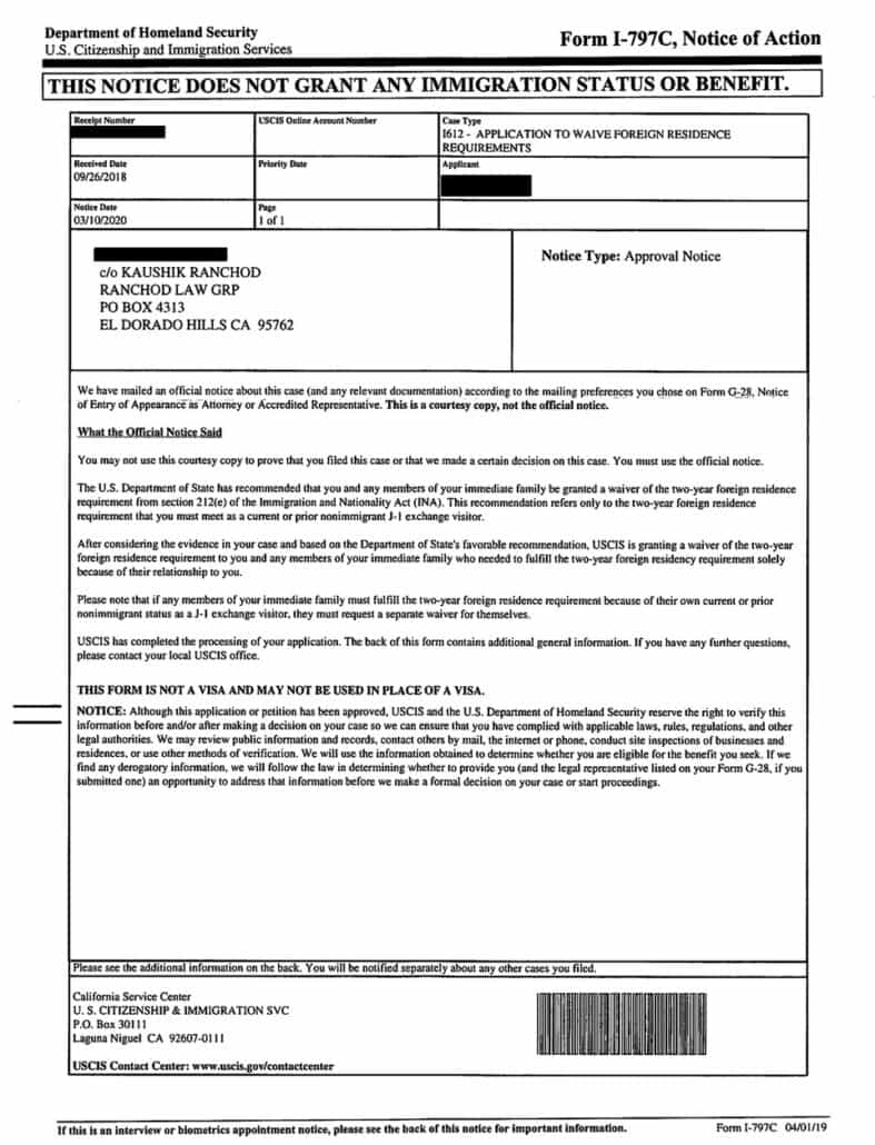 I-612 Waiver, Approval notice, waives foreign residence requirements