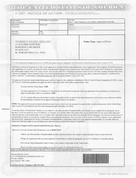 I601a Waiver Approval Document and Success Story Ranchod Law Group