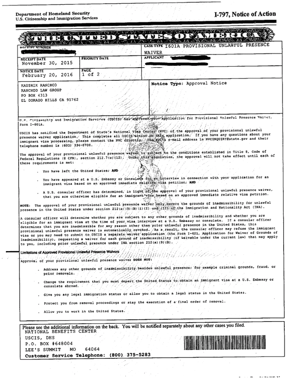 I601A waiver approval notice 2015-11-30, Ranchod Law in Sacramento CA