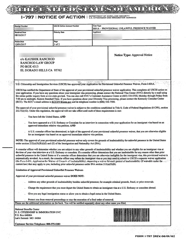 Carta de aprobación de un perdón I-601A, formulario I-797, Carta de accion (notice of action)