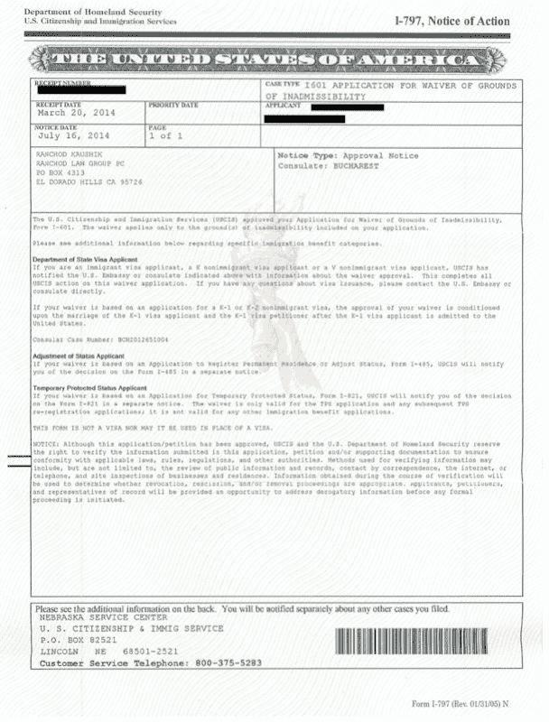 Successful I601 Application for waiver of grounds of inadmissibility by the Ranchod Law Group