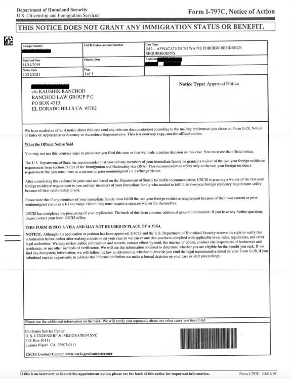 I612 – Approval Notice (Application to Waive Foreign Residence Requirements)