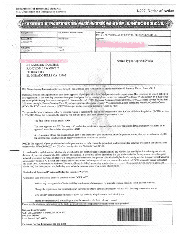 I601a Waiver Approval (Hardship Waiver) Form I-797, Notice of Action