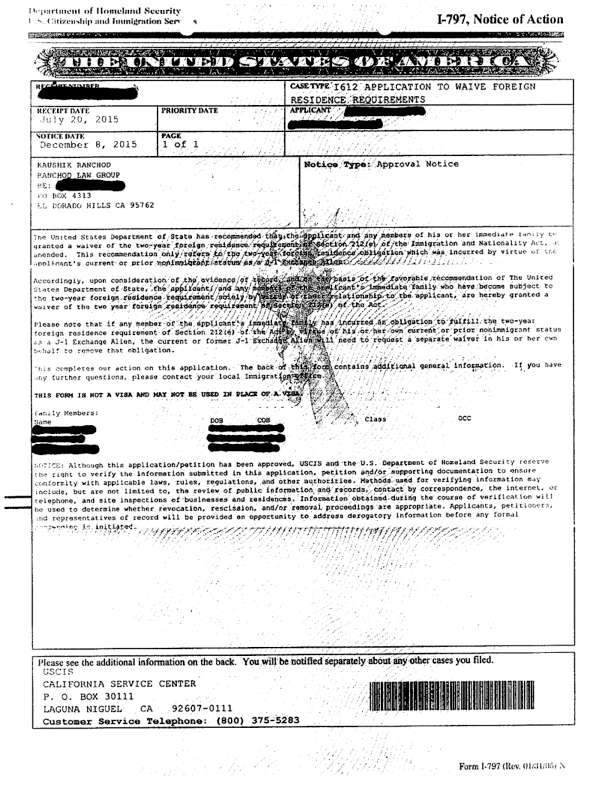 I-612 approved waivers by the Ranchod Law Group in Sacramento California